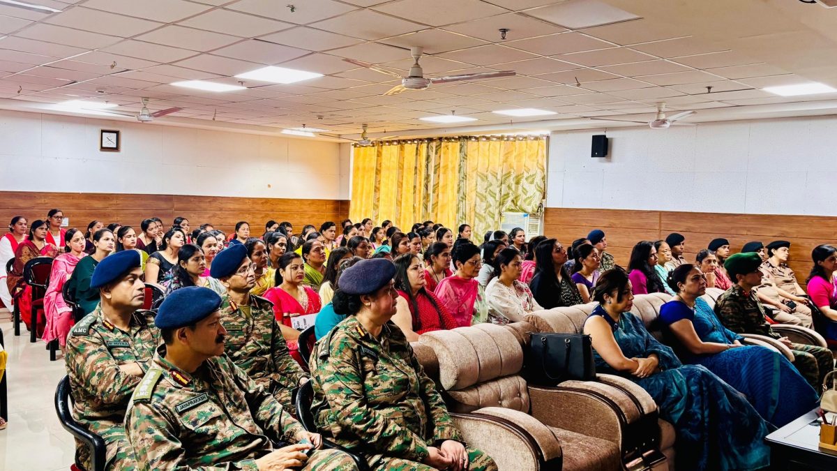 Indian Army soldiers and family participating in a breast and cervical cancer awareness talk by Dr Sumita Prabhakar