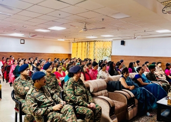 Indian Army soldiers and family participating in a breast and cervical cancer awareness talk by Dr Sumita Prabhakar