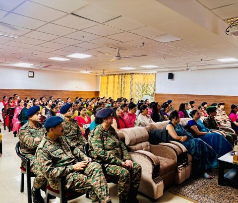 Indian Army soldiers and family participating in a breast and cervical cancer awareness talk by Dr Sumita Prabhakar