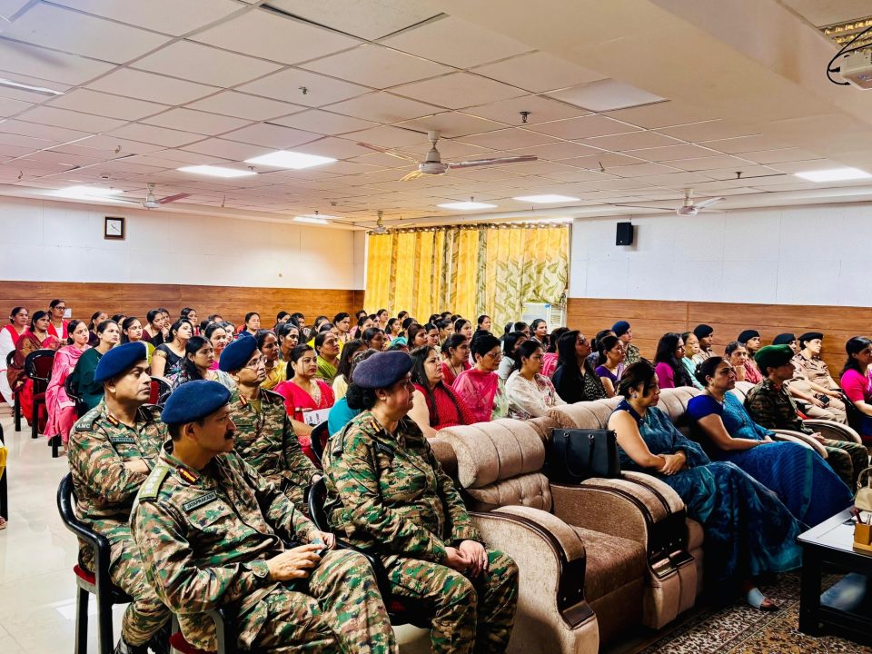 Indian Army soldiers and family participating in a breast and cervical cancer awareness talk by Dr Sumita Prabhakar