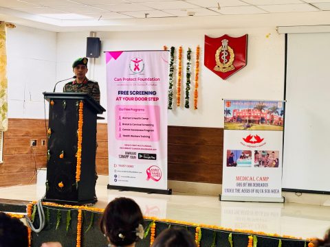 Brig Parikshit Singh Commandant Military Hospital Dehradun speaking on the ocassion of AWWA Day 2025 at awareness session for Breast and Cervical Cancer .